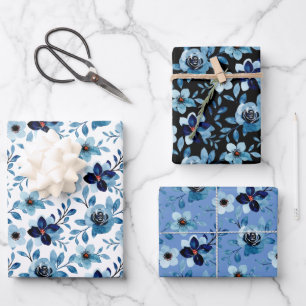 Blue rose floral daisy pattern watercolor art wrapping paper sheet