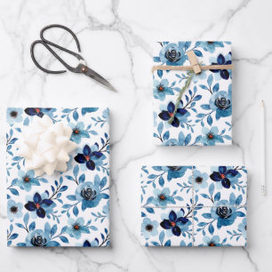 Blue rose floral daisy pattern watercolor chic wrapping paper sheet