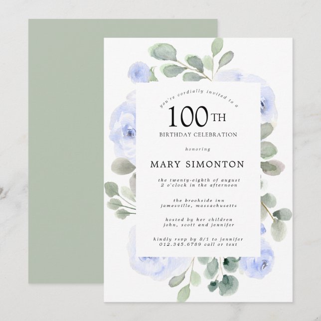  Blue Rose Floral Eucalyptus 100th Birthday Party Invitation (Front/Back)