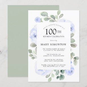 Blue Rose Floral Eucalyptus 100th Birthday Party Invitation