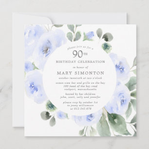 Blue Rose Floral Eucalyptus 90th Birthday Party Invitation