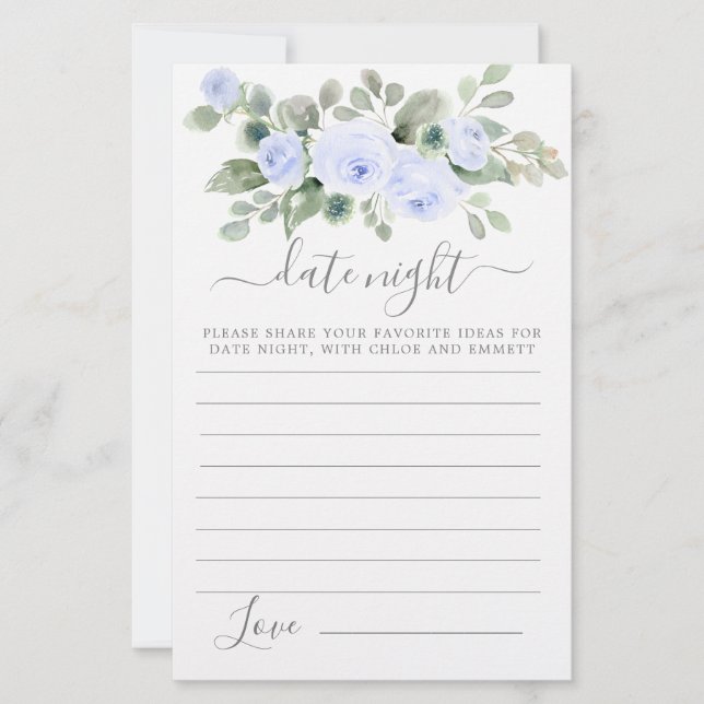 Blue Rose Floral Greenery Date Night Card (Front)