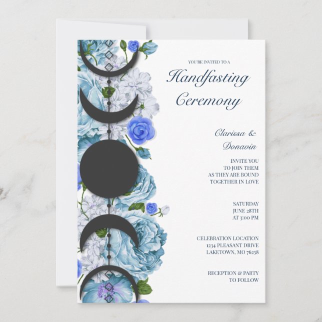 Blue Rose Floral Moon Phase Wiccan Handfasting Invitation (Front)