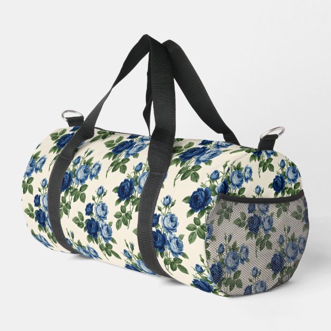 Blue Rose Floral Pattern Duffle Bag (Right Corner)