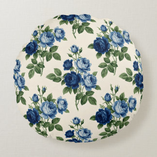 Blue Rose Floral Pattern Round Pillow