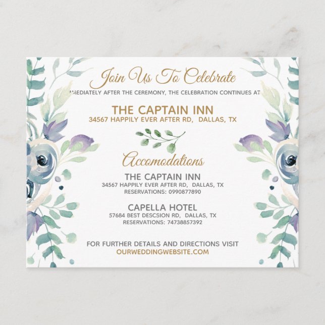 Blue Rose Floral Wedding Information Enclosure Card (Front)