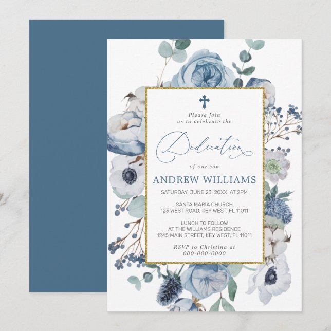 Blue Rose Flowers Dedication Invitation (Front/Back)