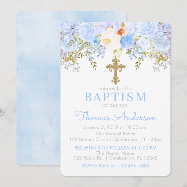 Blue Rose Garden Baptism Invitation (Front/Back)