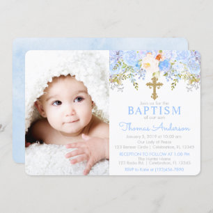 Blue Rose Garden Baptism Photo Invitation