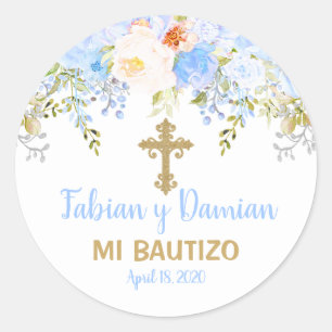 Blue Rose Garden God Bless Baptism Favor Stickers