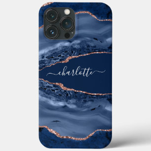 Blue rose gold agate marble name script iPhone 13 pro max case