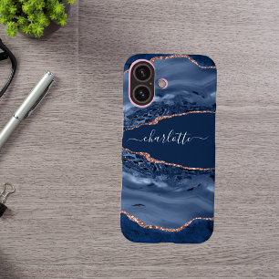 Blue rose gold agate marble name script iPhone 16 case