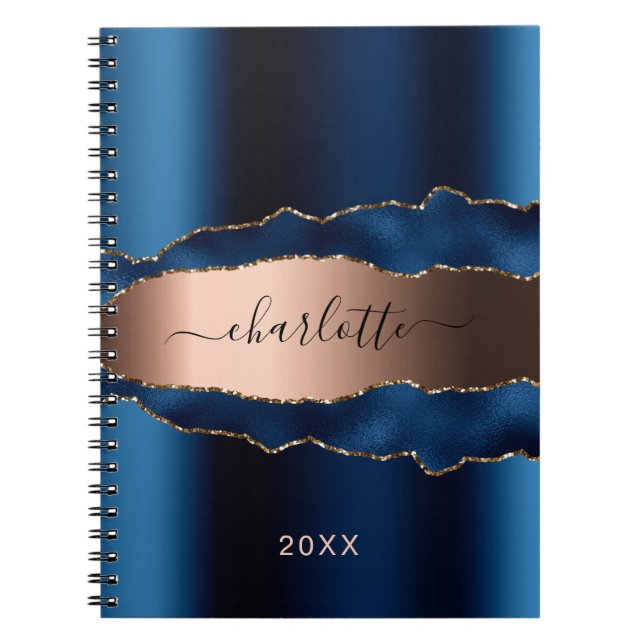 Blue rose gold agate marble name script notebook (Front)