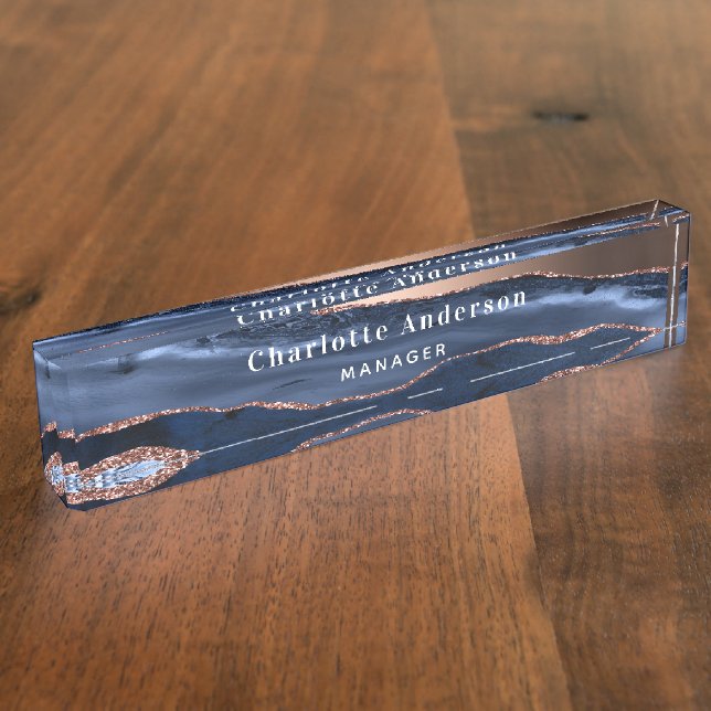 Blue rose gold agate marble name title nameplate (Side)