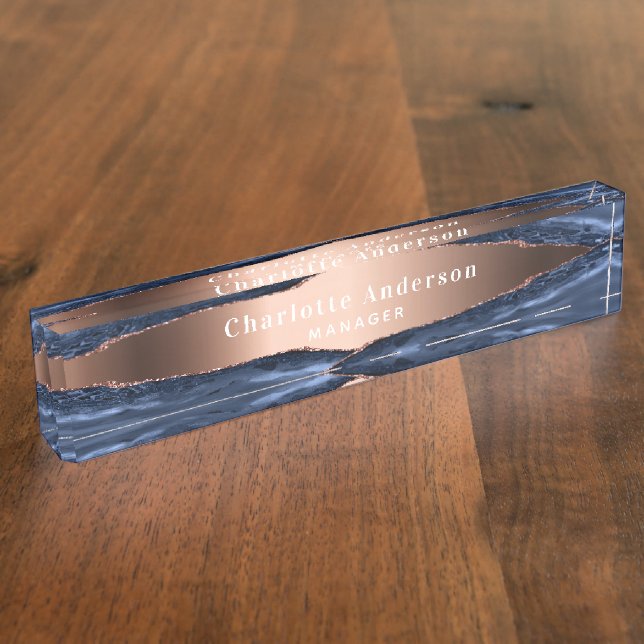 Blue rose gold agate marble name title nameplate (Side)