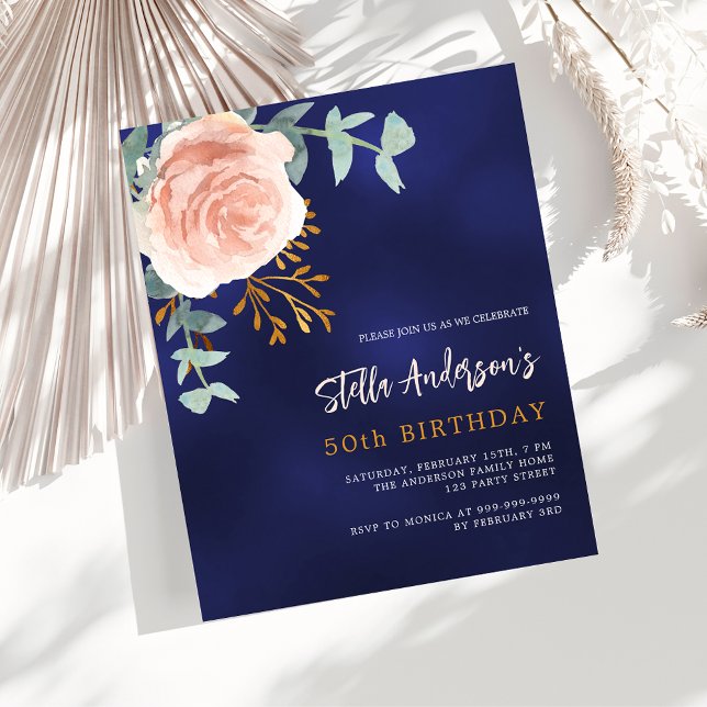 Blue rose gold floral budget birthday invitation (Creator Uploaded)