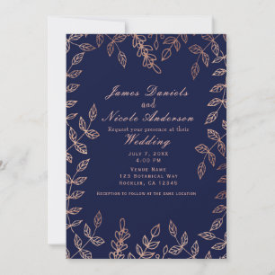 Blue & Rose Gold Glam Botanical Elegant Wedding Invitation