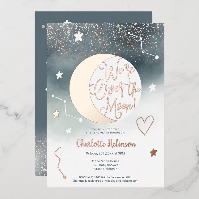 Blue rose gold glitter over the moon baby shower (Front/Back)