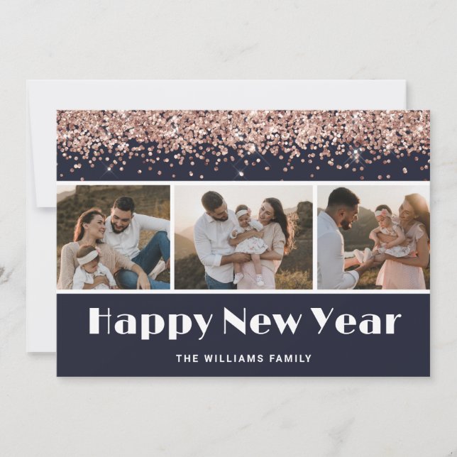 Blue Rose Gold Glitter Photo Happy New Year Card (Front)