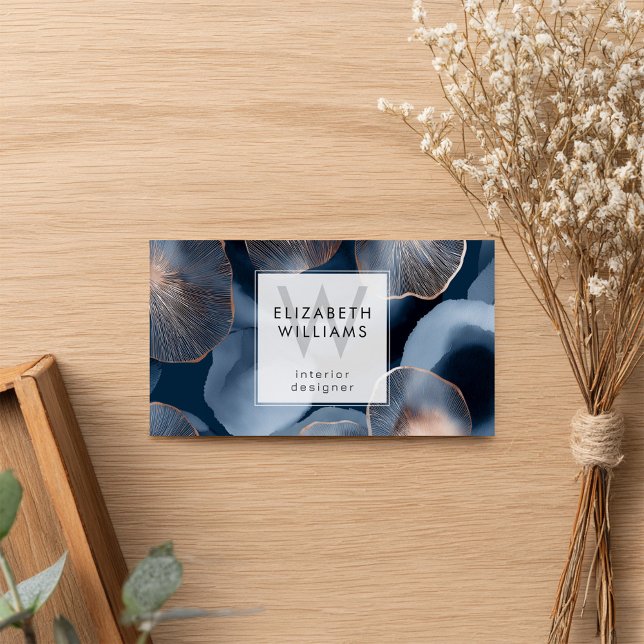 Blue Rose Gold Monogram Modern Business Card (Creator Uploaded)