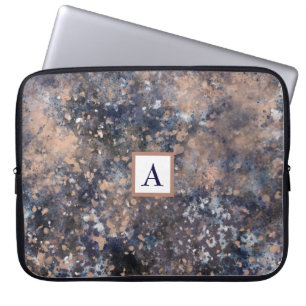 Blue & Rose Gold Paint Splatter Abstract Glamour Laptop Sleeve