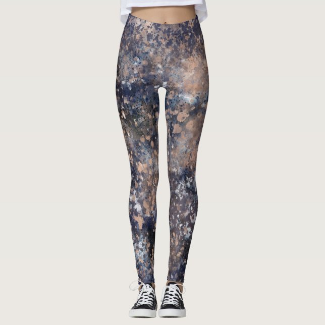 Blue & Rose Gold Paint Splatter Abstract Glamour Leggings (Front)