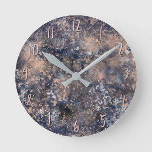 Blue & Rose Gold Paint Splatter Abstract Glamour Round Clock