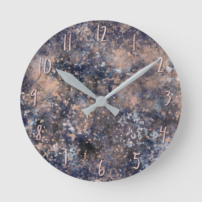 Blue & Rose Gold Paint Splatter Abstract Glamour Round Clock (Front)