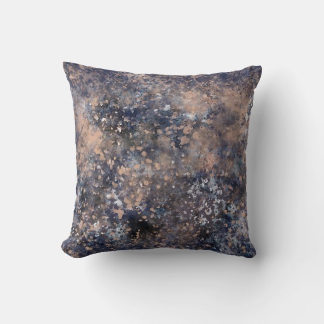 Blue & Rose Gold Paint Splatter Abstract Glamour Throw Pillow (Front)