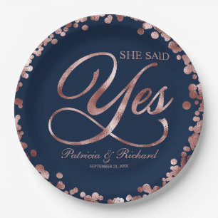 Blue Rose Gold She Said Yes Engagement Party Paper Plate