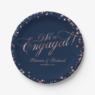 Blue Rose Gold We're Engaged Engagement Party Paper Plate