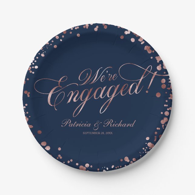 Blue Rose Gold We're Engaged Engagement Party Paper Plate (Front)