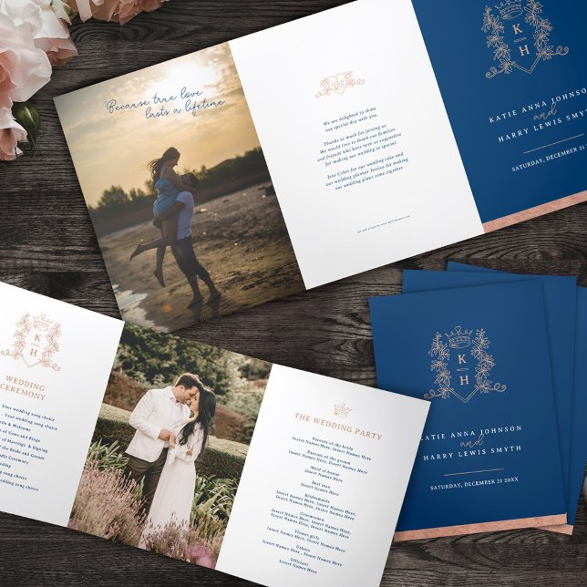 Blue rose gold white photo crown monogram wedding Tri-Fold programme (Creator Uploaded)