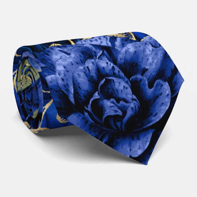 Blue rose green leaf foliage botanical floral tie (Rolled)