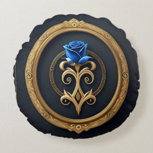 Blue Rose in Golden Frame with Ornate Details Round Pillow