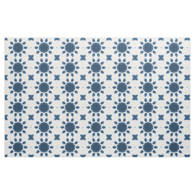 Blue Rose Kaleidoscope Pattern on White Fabric (Fat Quarter)
