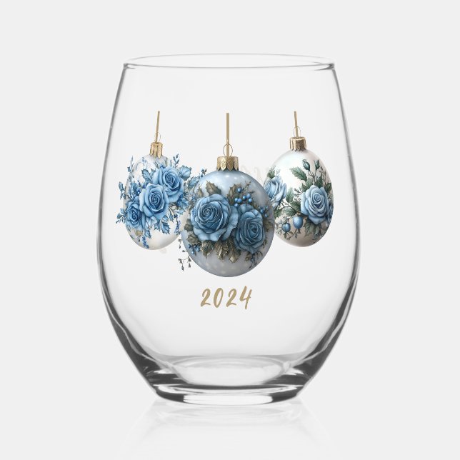 Blue Rose Ornament Trio Stemless Wine Glass (Front)