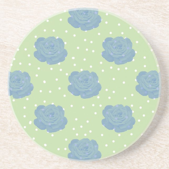 Blue rose pattern on green backround coaster (Front)