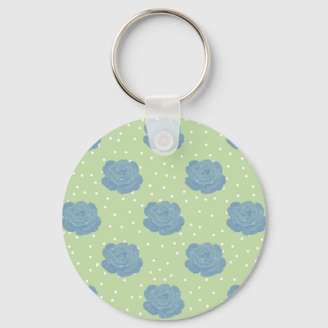 Blue rose pattern on green backround keychain (Front)