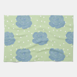 Blue rose pattern on green backround kitchen towel