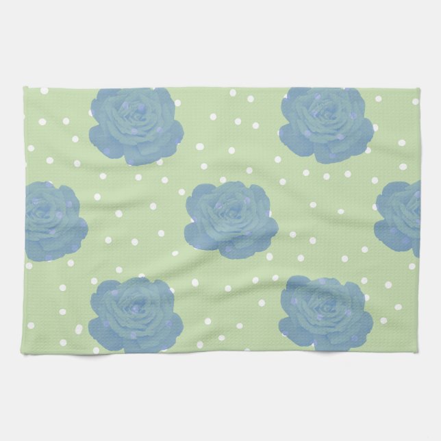Blue rose pattern on green backround kitchen towel (Horizontal)