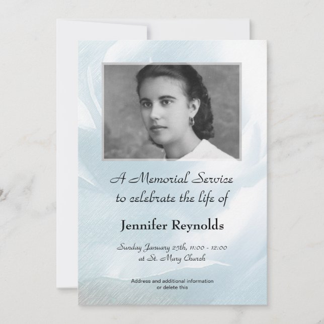 Blue Rose Photo Floral Memorial Service Announcement (Front)