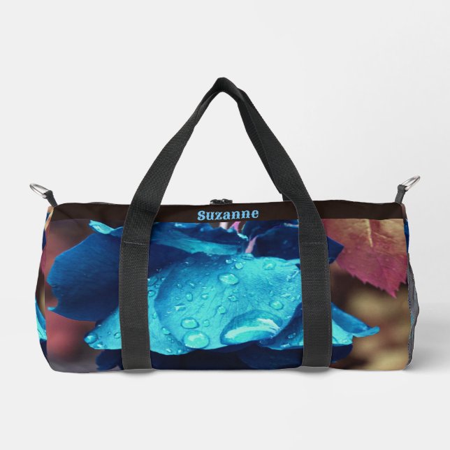 Blue Rose Raindrops Flower Art Personalized Duffle Bag (Front)