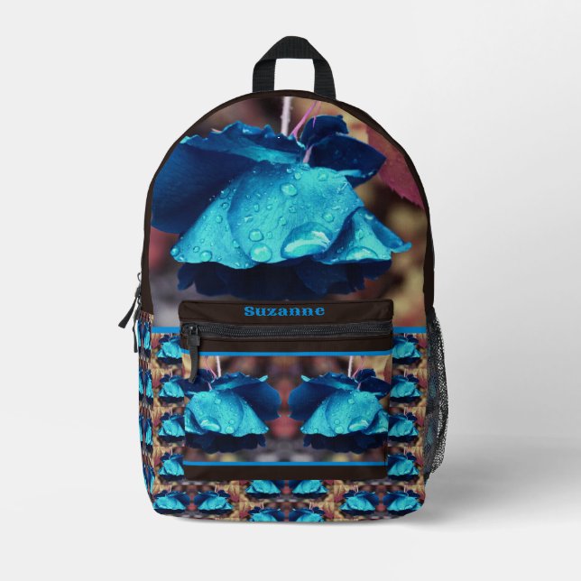 Blue Rose Raindrops Flower Art Personalized Printed Backpack (Front)