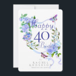 Blue Rose Ribbon 40th Birthday Holiday Card<br><div class="desc">Lovely and elegant rose with butterfly.</div>