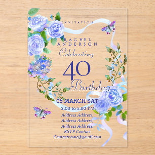 Blue Rose Ribbon 40th Birthday Invitation