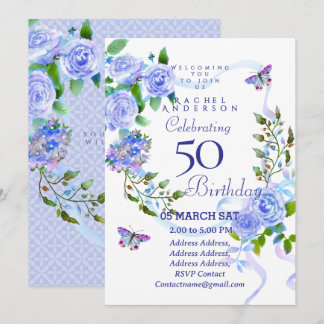 Blue Rose Ribbon 50th Birthday Invitation