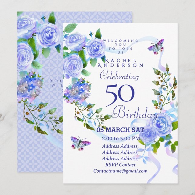 Blue Rose Ribbon 50th  Birthday Invitation (Front/Back)