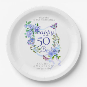 Blue Rose Ribbon 50th Birthday Paper Plate