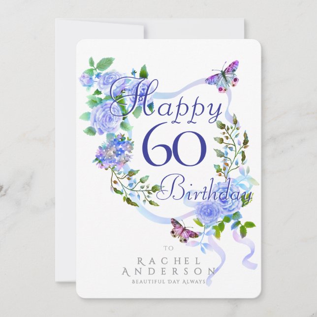 Blue Rose Ribbon 60th Birthday Holiday Card (Front)